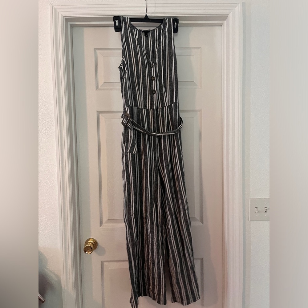 Black and white striped wide leg jumpsuit with belt